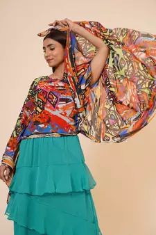 Women's Digital Printed Georgette Party Long Asymmetrical Kimono Sleeves Top with Inner
