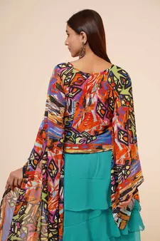 Women's Digital Printed Georgette Party Long Asymmetrical Kimono Sleeves Top with Inner