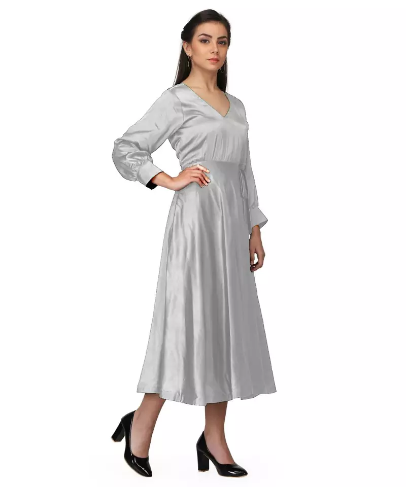 Women's Empire Line with Cuff Satin Wrap Dress Grey