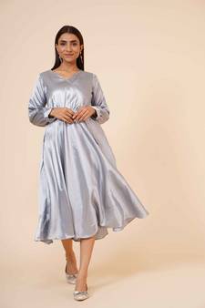 Women's Empire Line with Cuff Satin Wrap Dress Grey