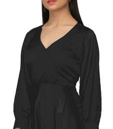 Women's Empire Line with Cuff Satin Wrap Dress Black