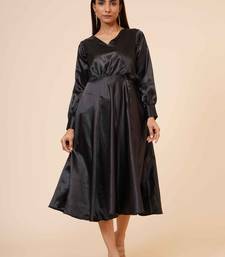 Women's Empire Line with Cuff Satin Wrap Dress Black
