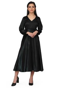 Women's Empire Line with Cuff Satin Wrap Dress Black
