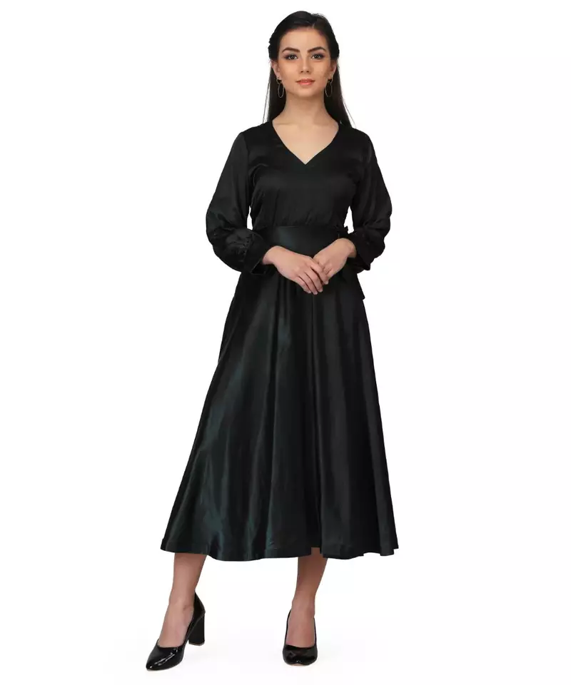 Women's Empire Line with Cuff Satin Wrap Dress Black