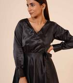 Women's Empire Line with Cuff Satin Wrap Dress Black