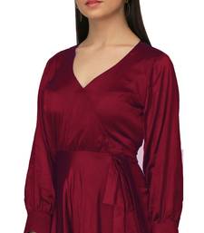 Women's Empire Line with Cuff Satin Wrap Dress Maroon