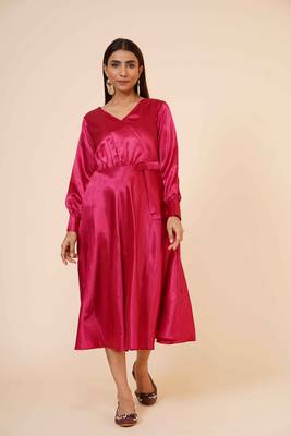 Women's Empire Line with Cuff Satin Wrap Dress Maroon 2