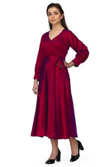 Women's Empire Line with Cuff Satin Wrap Dress Maroon
