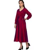 Women's Empire Line with Cuff Satin Wrap Dress Maroon