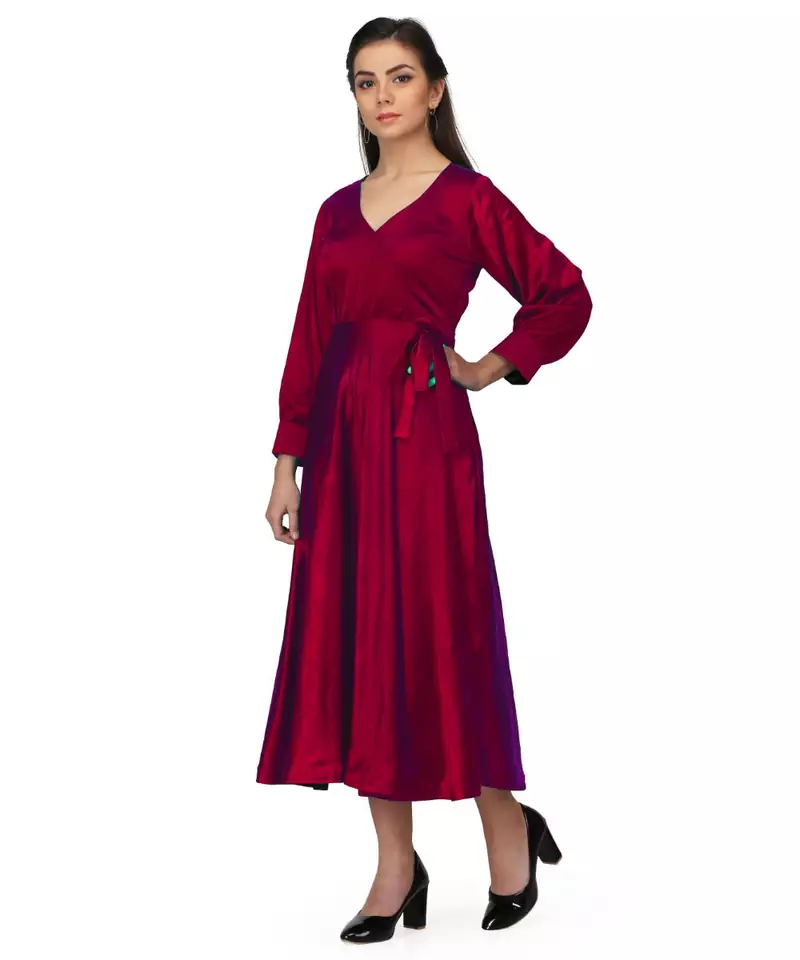 Women's Empire Line with Cuff Satin Wrap Dress Maroon