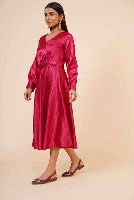 Women's Empire Line with Cuff Satin Wrap Dress Maroon 1
