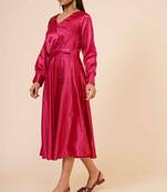 Women's Empire Line with Cuff Satin Wrap Dress Maroon