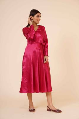 Women's Empire Line with Cuff Satin Wrap Dress Maroon 3