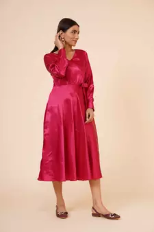 Women's Empire Line with Cuff Satin Wrap Dress Maroon