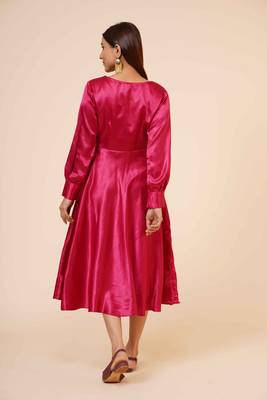 Women's Empire Line with Cuff Satin Wrap Dress Maroon 4