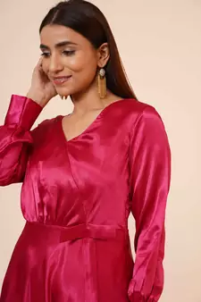 Women's Empire Line with Cuff Satin Wrap Dress Maroon