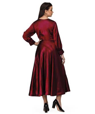 Women's Empire Line with Cuff Satin Wrap Dress Maroon 6