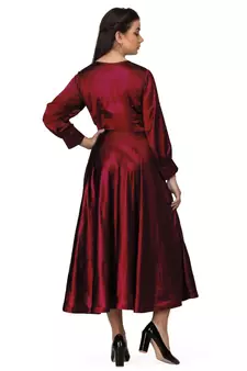 Women's Empire Line with Cuff Satin Wrap Dress Maroon