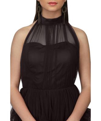 Women's Halter Neck Drape Net Party Evening Corset Gown in Black 2