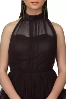 Women's Halter Neck Drape Net Party Evening Corset Gown in Black