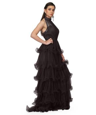 Women's Halter Neck Drape Net Party Evening Corset Gown in Black 3