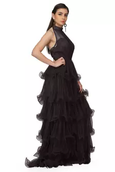 Women's Halter Neck Drape Net Party Evening Corset Gown in Black