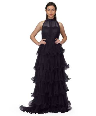 Women's Halter Neck Drape Net Party Evening Corset Gown in Black 1