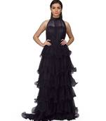 Women's Halter Neck Drape Net Party Evening Corset Gown in Black