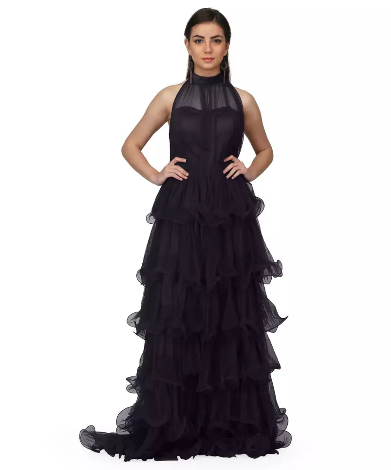 Women's Halter Neck Drape Net Party Evening Corset Gown in Black