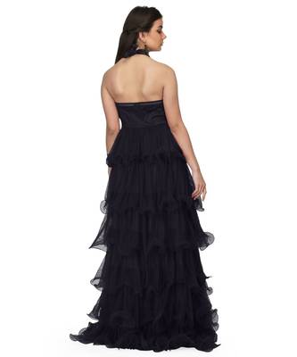 Women's Halter Neck Drape Net Party Evening Corset Gown in Black 4