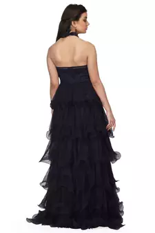 Women's Halter Neck Drape Net Party Evening Corset Gown in Black