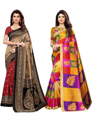 Multicolor printed poly silk saree with blouse 1