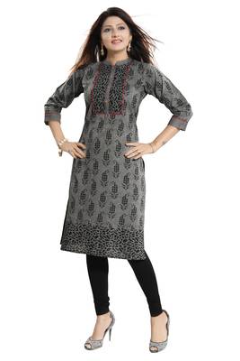 Grey printed cotton long-kurtis 1