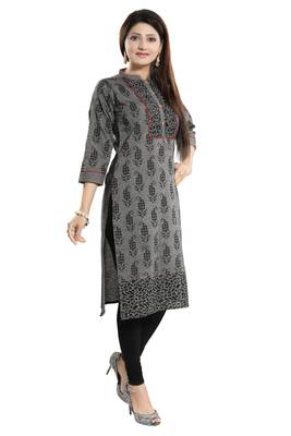 Grey printed cotton long-kurtis 4
