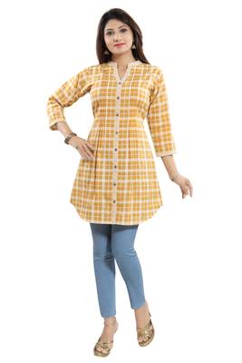 Yellow printed cotton long-kurtis 1