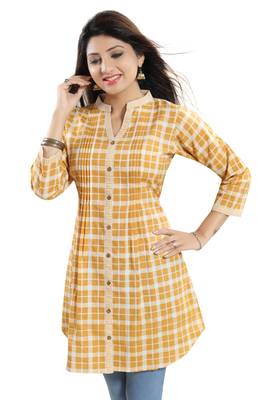 Yellow printed cotton long-kurtis 2