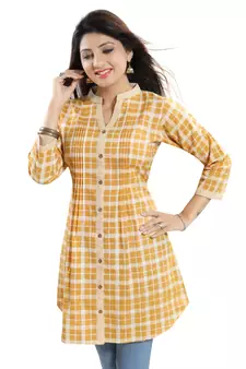 Yellow printed cotton long-kurtis