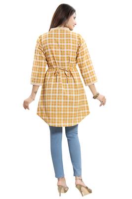 Yellow printed cotton long-kurtis 3