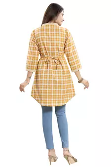 Yellow printed cotton long-kurtis