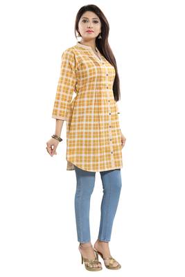 Yellow printed cotton long-kurtis 4