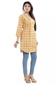 Yellow printed cotton long-kurtis