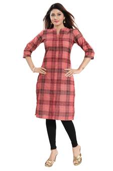 Pink printed cotton long-kurtis