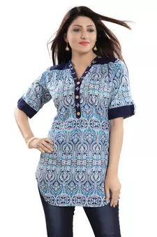 Navy-blue printed cotton short-kurtis