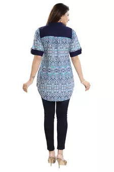Navy-blue printed cotton short-kurtis