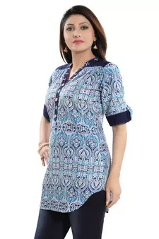 Navy-blue printed cotton short-kurtis