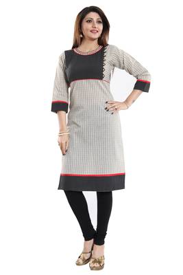 Cream printed cotton long-kurtis 2
