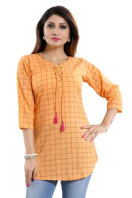 Peach printed cotton short-kurtis 1