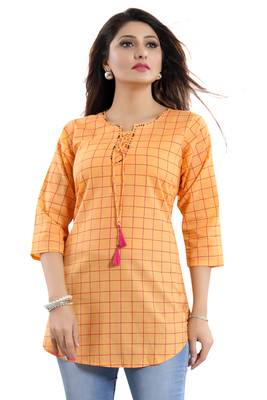 Peach printed cotton short-kurtis 3
