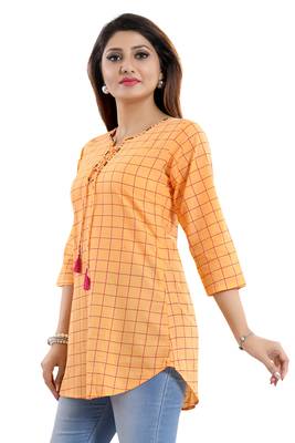 Peach printed cotton short-kurtis 4