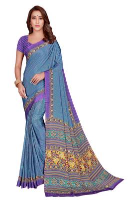 Blue printed silk saree with blouse 1